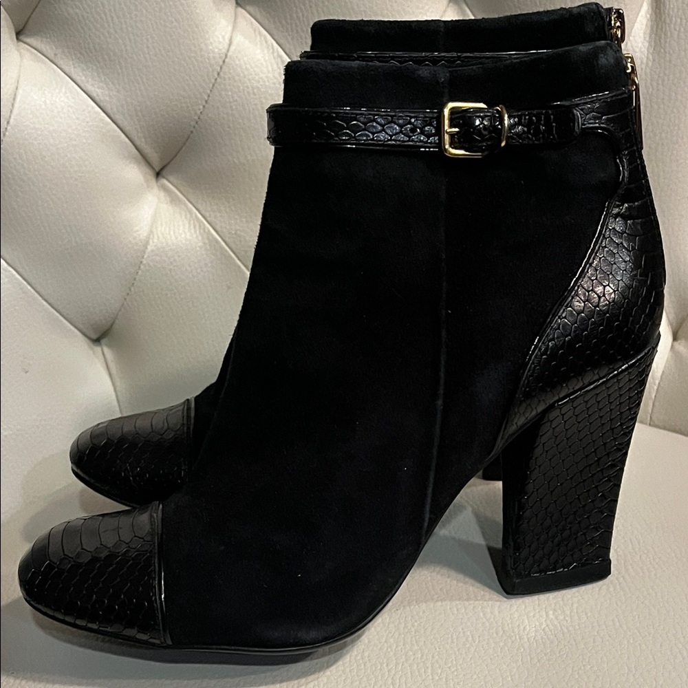 Tory Burch Black Suede Ankle Booties with Textured Cap Toe